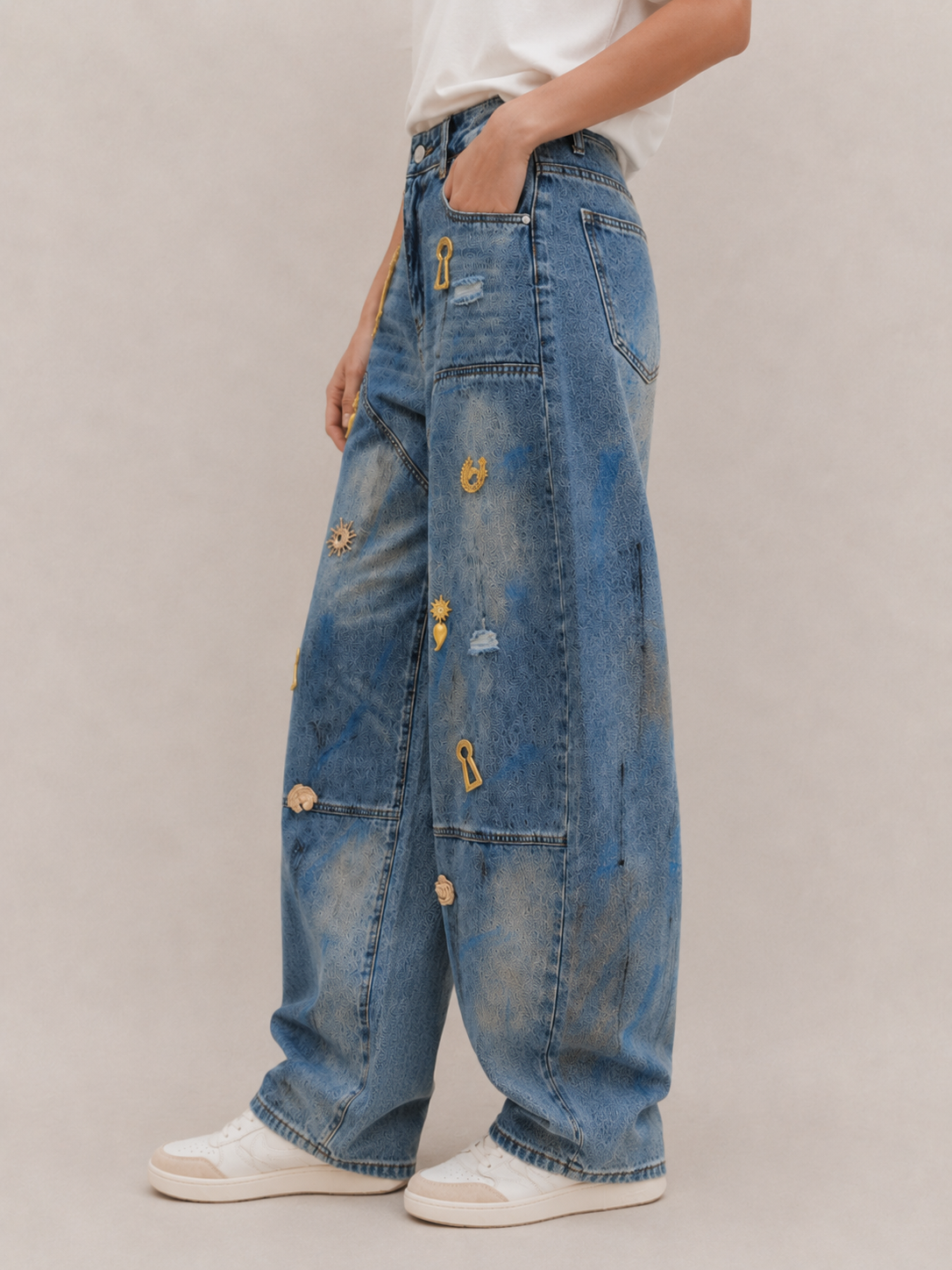 Vintage Metal Accent Baggy Barrel Jeans