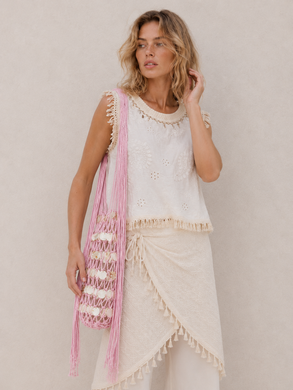 Shell Tassel Decor Mesh Large Shoulder Tote Bag