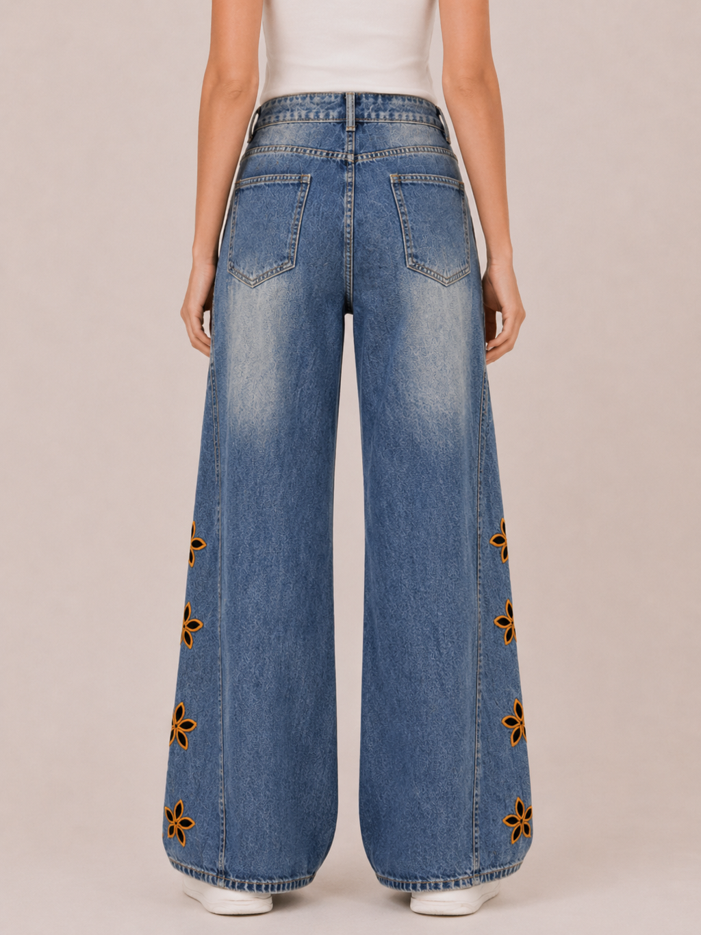 Playful Floral Embroidered Wide-Leg Jeans