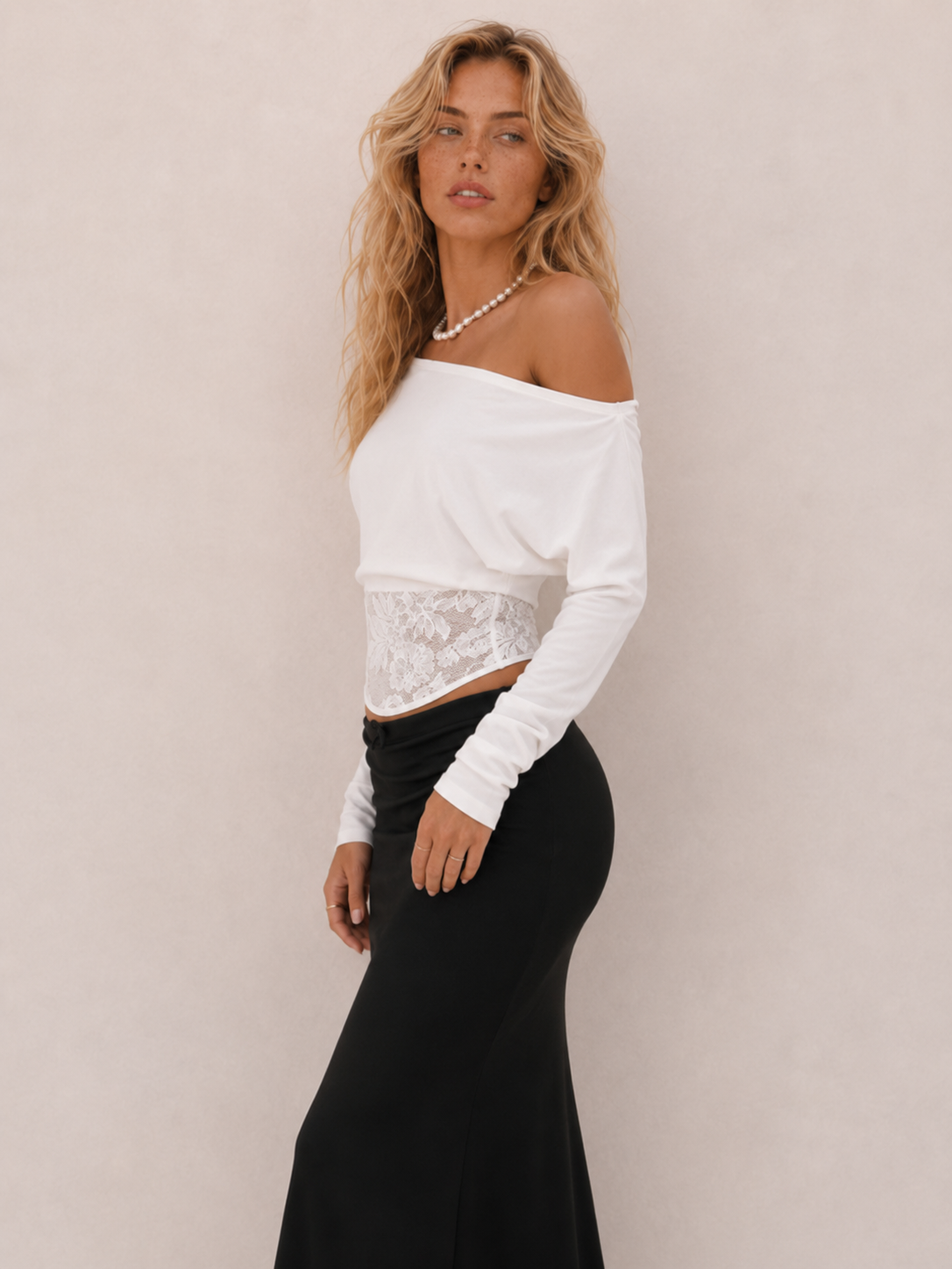Chic Lace-Panel Relaxed Off-Shoulder Top