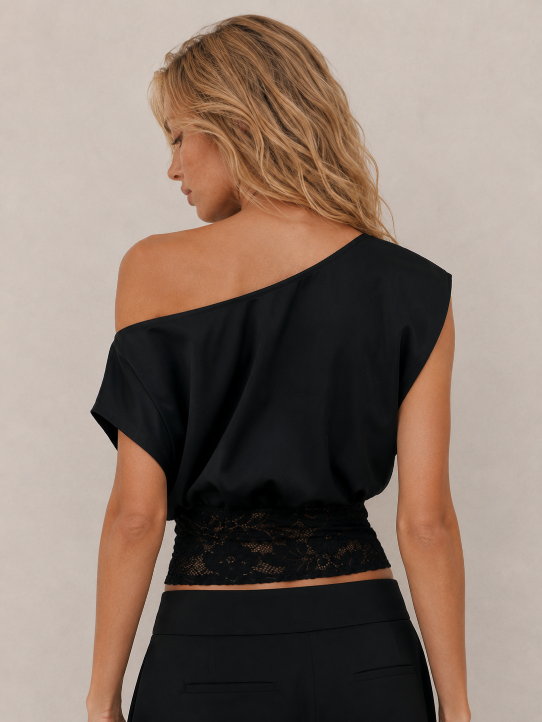 Elegant Lace Waist Asymmetric Fitted Top