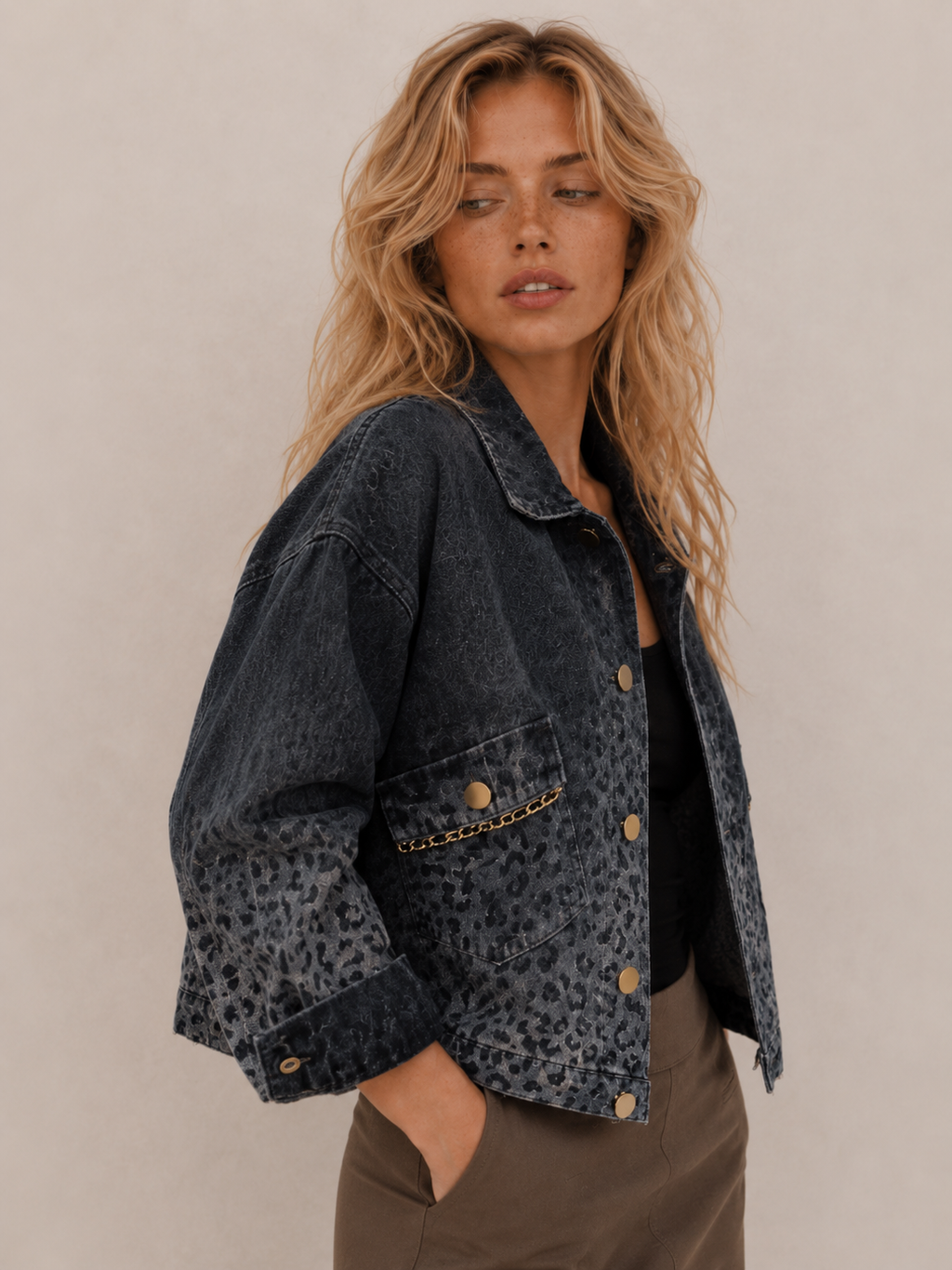 Vintage Leopard‑Print Denim Cropped Jacket