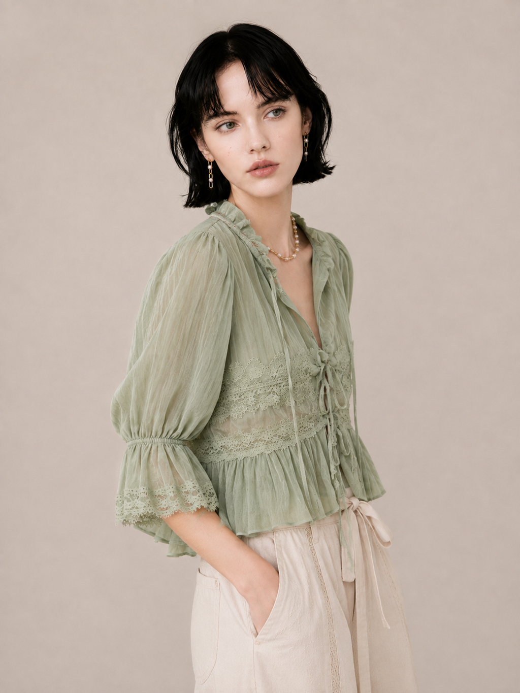 Romantic Lace-Trim Relaxed Blouse