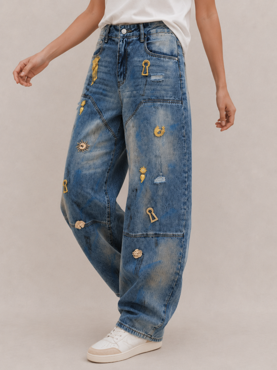 Vintage Metal Accent Baggy Barrel Jeans