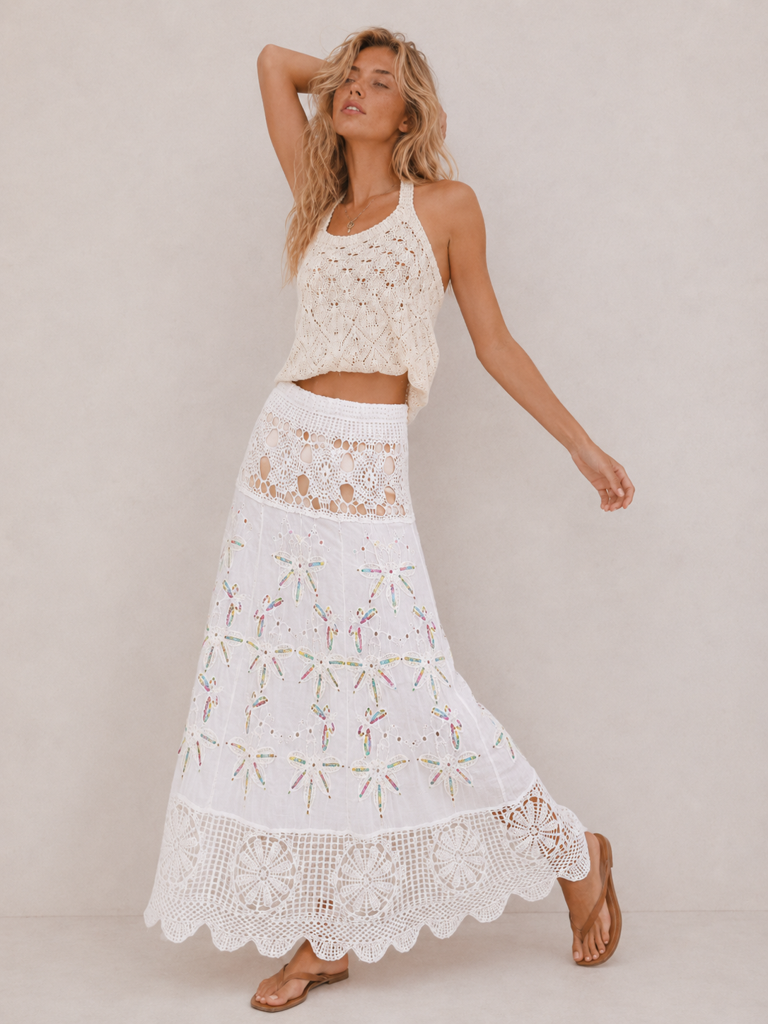 Boho Casual Hollow‑Out Flowy Midi Skirt