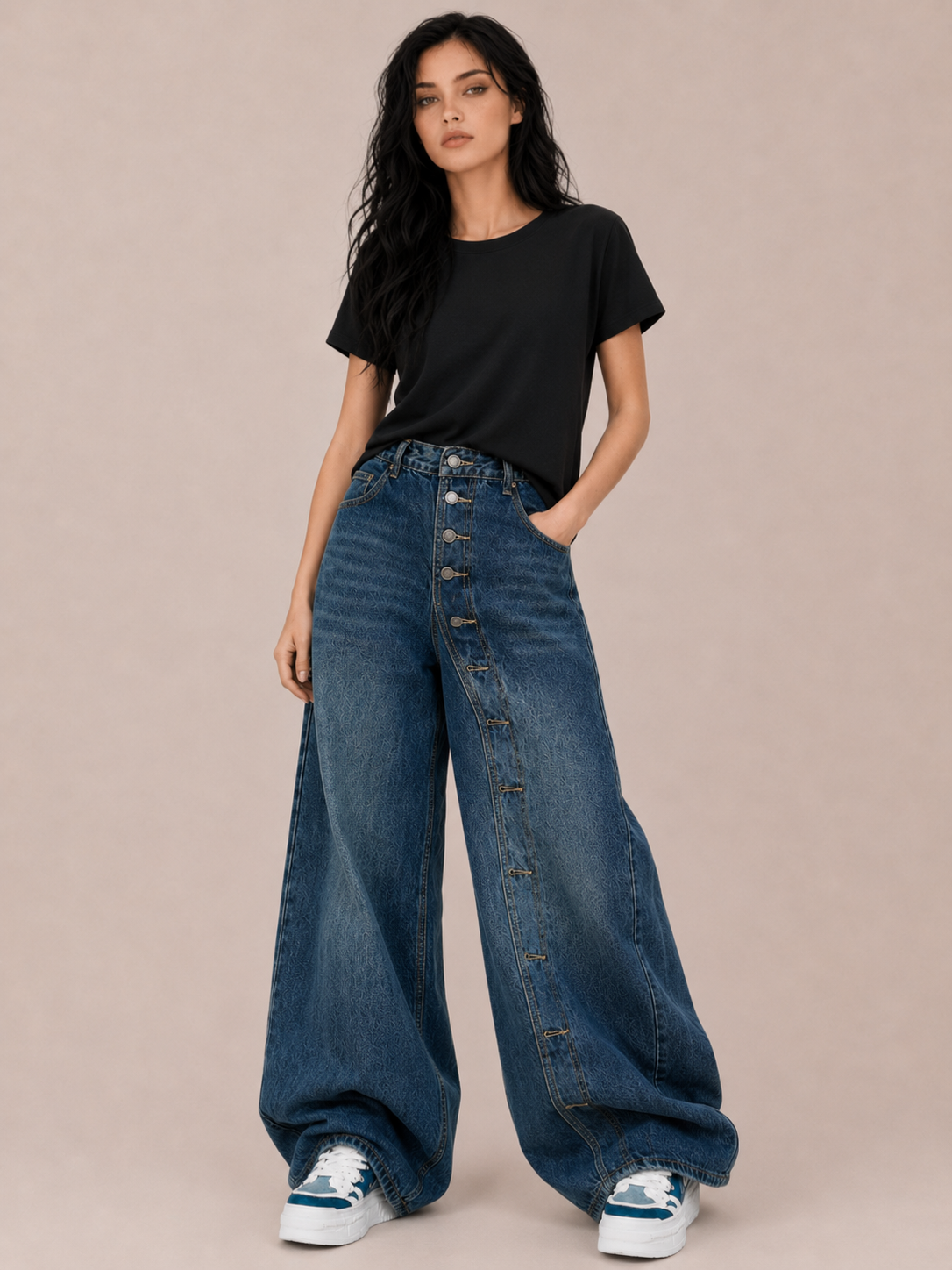 Vintage Button Detail Wide-Leg Jeans