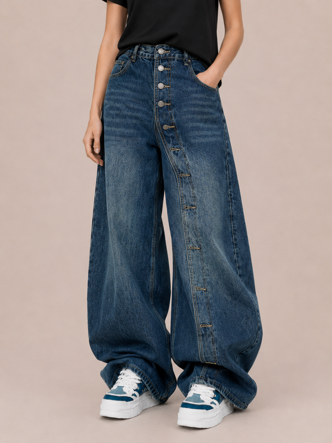 Vintage Button Detail Wide-Leg Jeans
