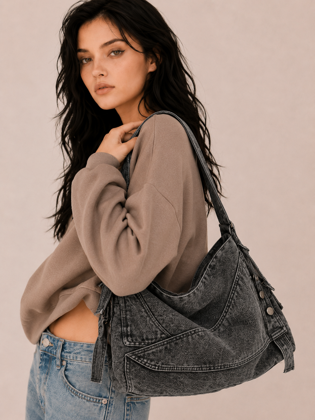 Vintage Button Detail Slouchy Shoulder Bag