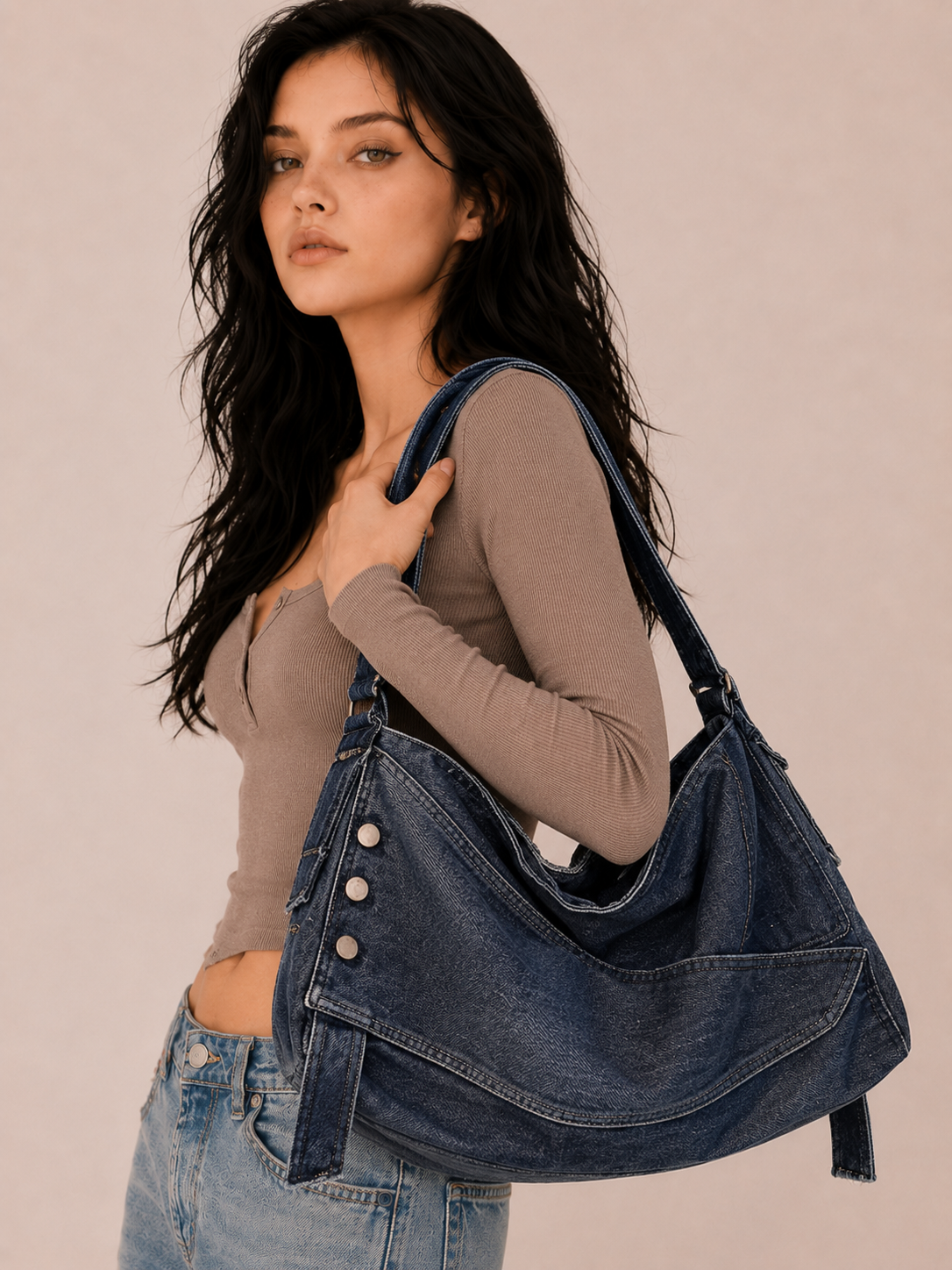 Vintage Button Detail Slouchy Shoulder Bag