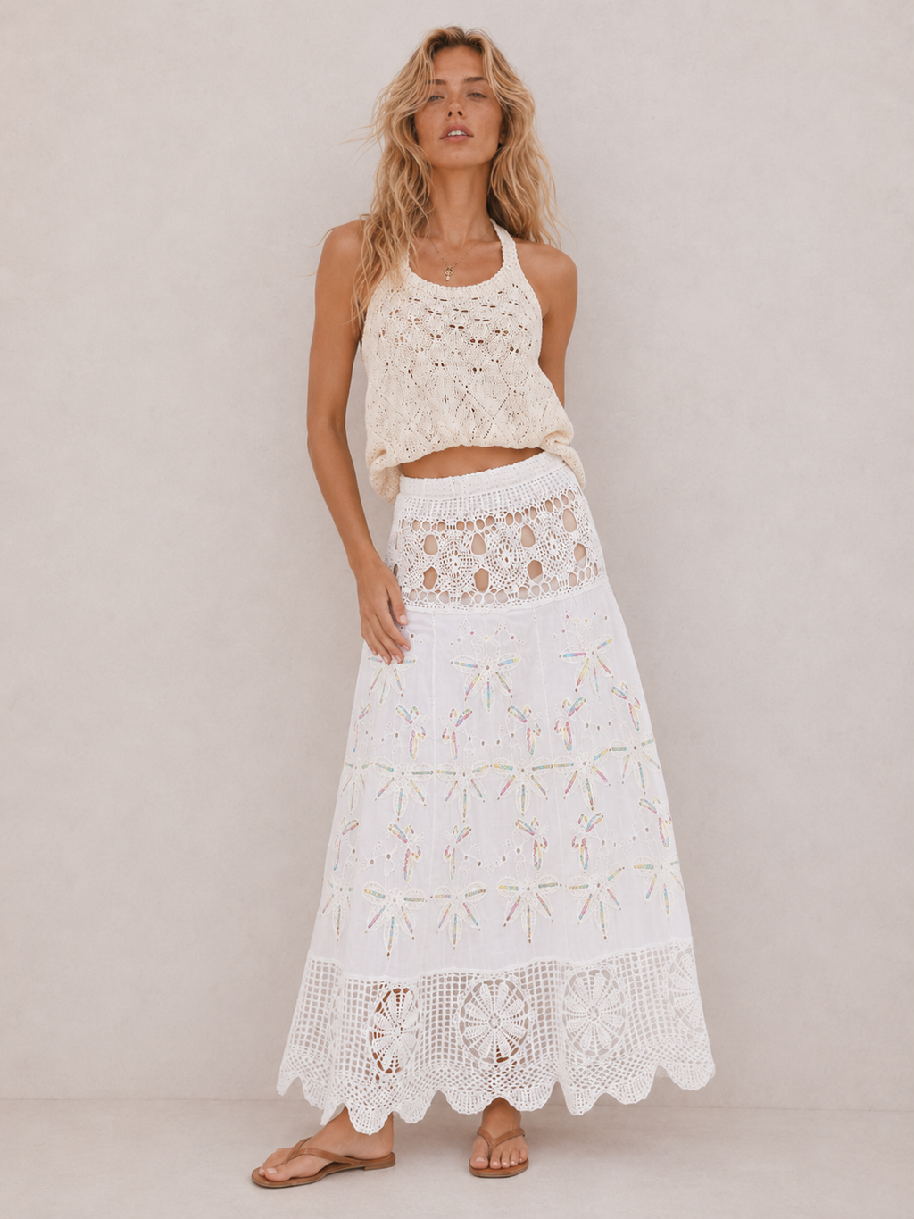 Boho Casual Hollow‑Out Flowy Midi Skirt