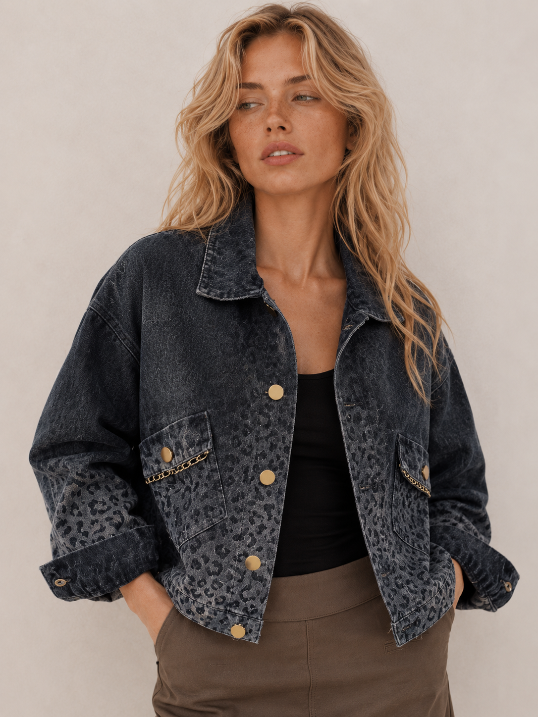 Vintage Leopard‑Print Denim Cropped Jacket